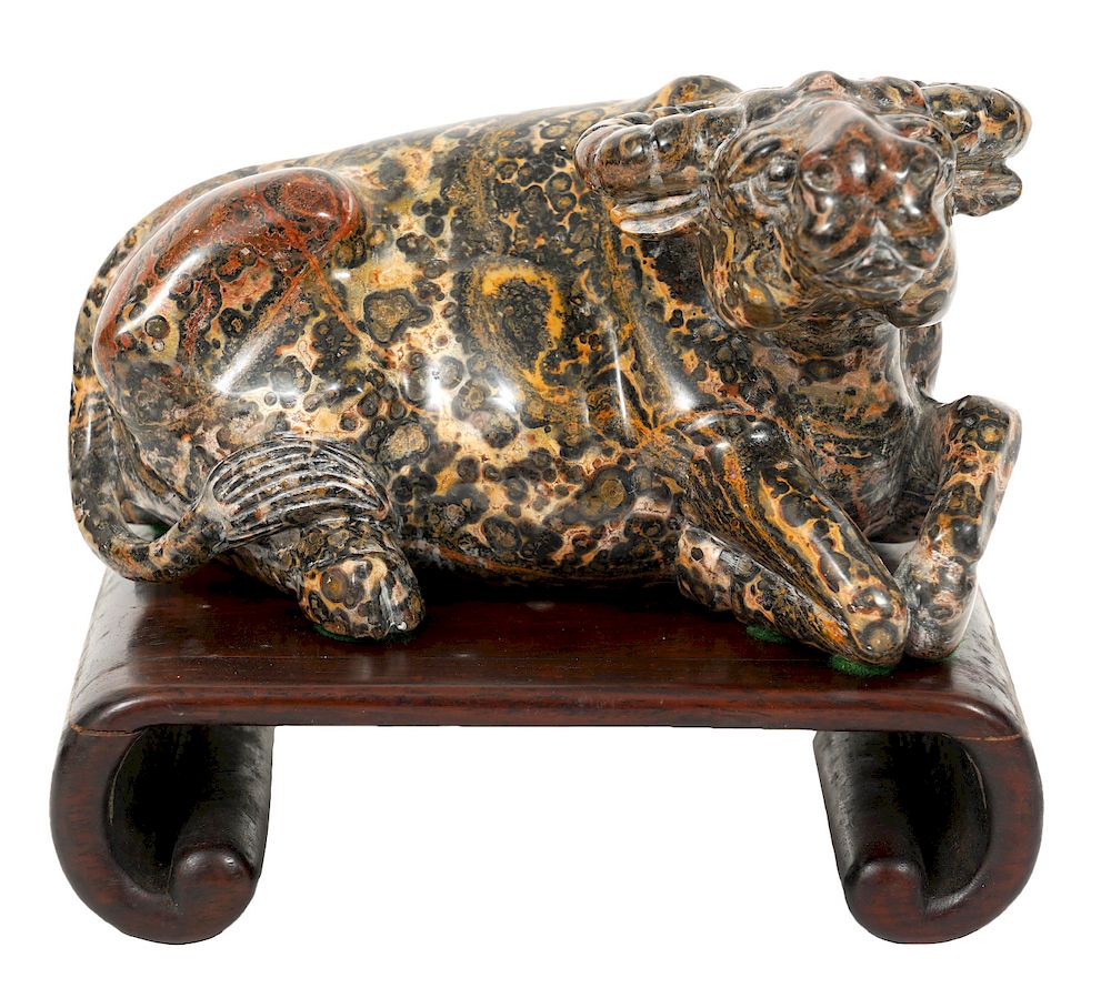 Appraisal: Chinese Puddingstone Water Buffalo on Wood Plinth Chinese Puddingstone water