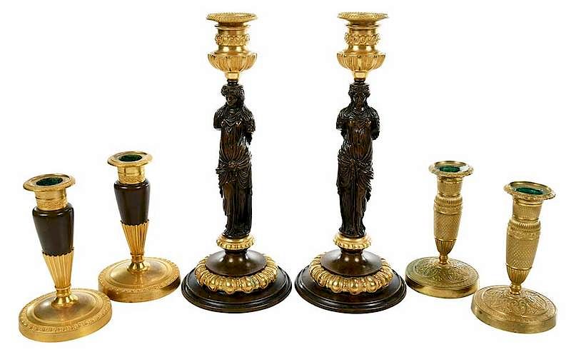 Appraisal: Three Pairs French Gilt Bronze Candlesticks th century pair gilt