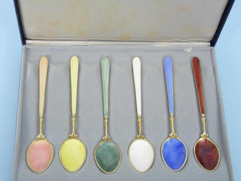 Appraisal: Six silver-gilt and enamel Coffee Spoons Birmingham and six Coffee