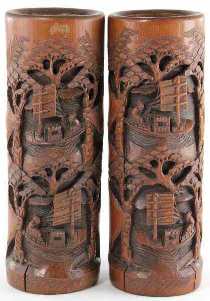 Appraisal: Pair of Chinese Carved Bamboo Vaseseach of cylinder form hand-carved