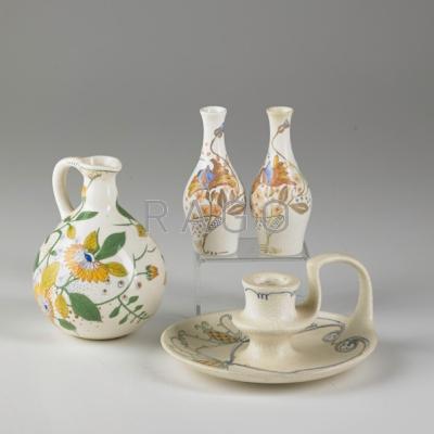 Appraisal: GOUDA Four pieces jug pair of mini vases and chamberstick