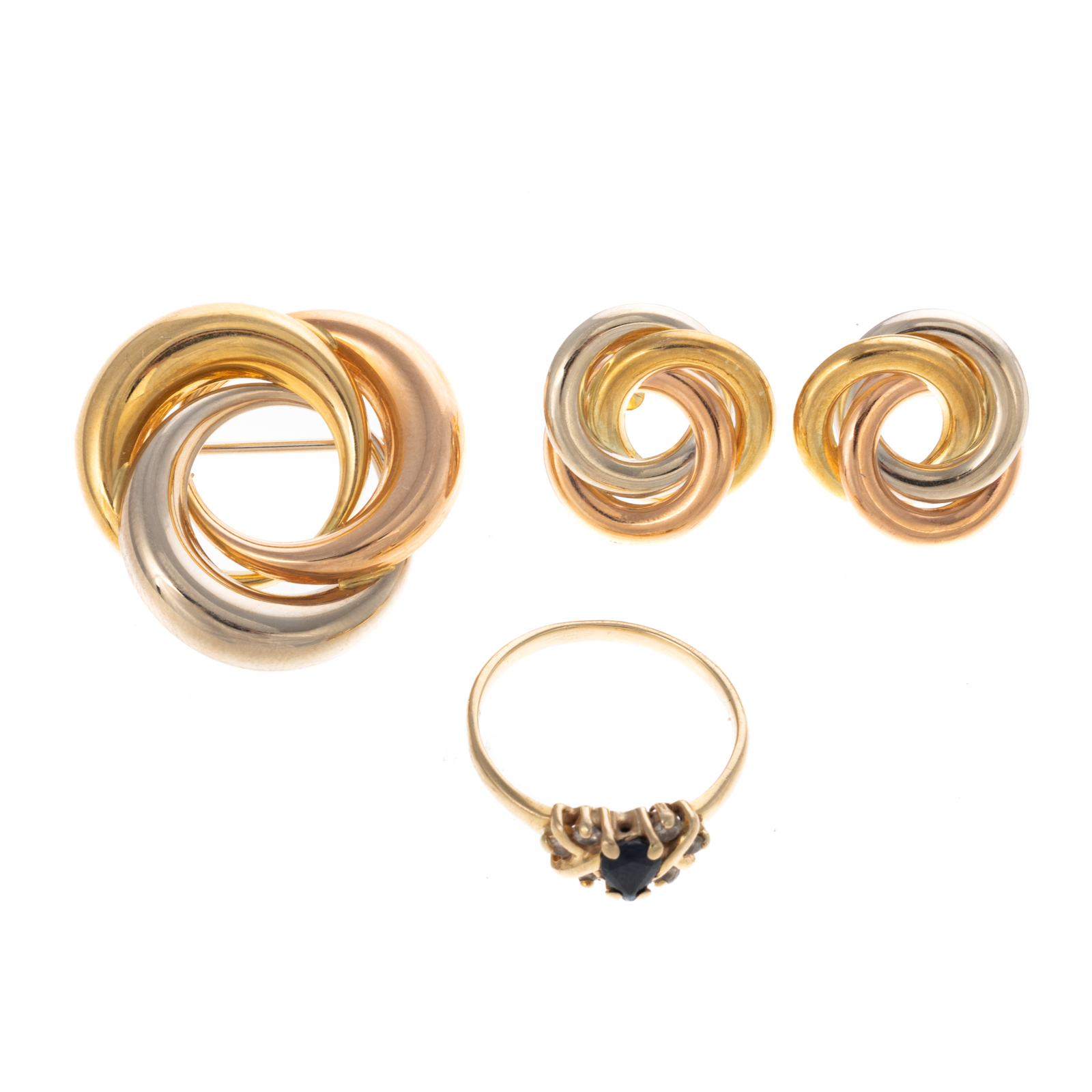 Appraisal: A LOVE KNOT PIN EARRINGS WITH SAPPHIRE RING K yellow