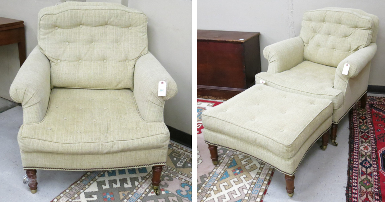 Appraisal: A PAIR OF TRADITIONAL STYLE UPHOLSTERED ARMCHAIRS WITH MATCHING OTTOMAN