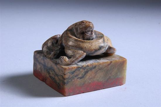 Appraisal: CHINESE SOAPSTONE SQUARE SEAL th century Carved with qilin-form finial