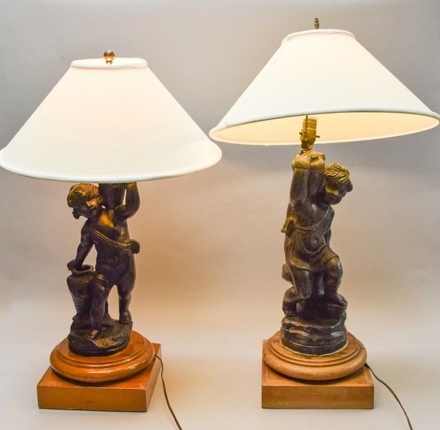 Appraisal: Pair of Composition Cherub Lamps Pair of figural cherub composition