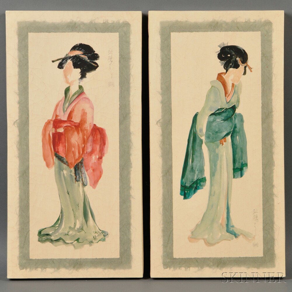 Appraisal: Pair of Paintings Depicting Women Japan th century dressed in