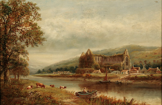 Appraisal: British School th- th Century Landscape with Cows Boats and