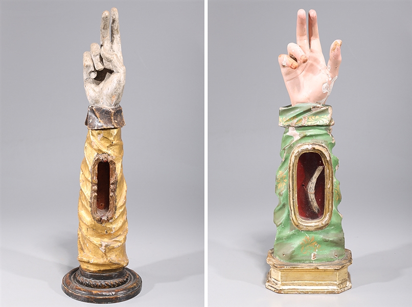 Appraisal: Two antique Spanish or Italian carved polychrome and gilt wood