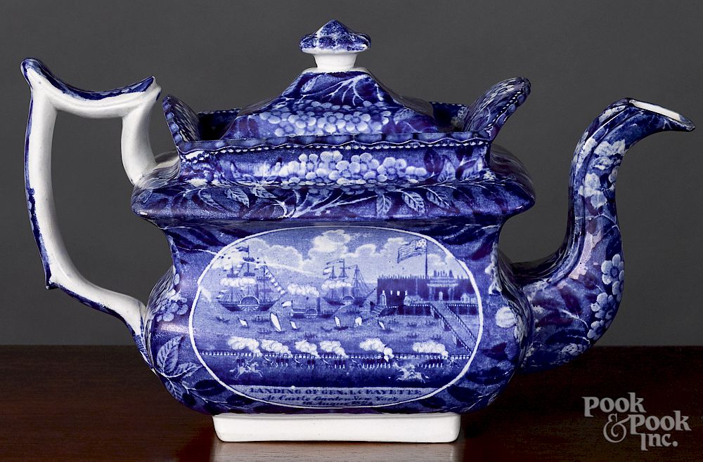 Appraisal: Historical Blue Staffordshire teapot Historical Blue Staffordshire Landing of General