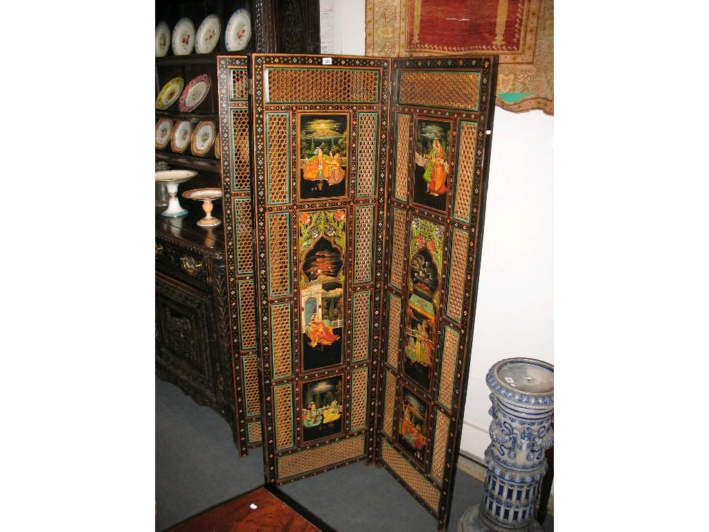 Appraisal: AN INDIAN PAINTED AND PANELLED FOUR FOLD SCREEN each panel