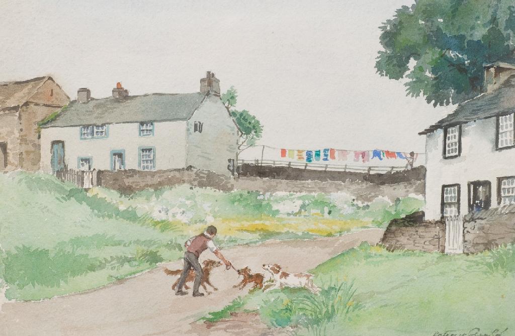 Appraisal: PATIENCE ARNOLD - MAN AND DOGS BESIDE COTTAGES WITH A