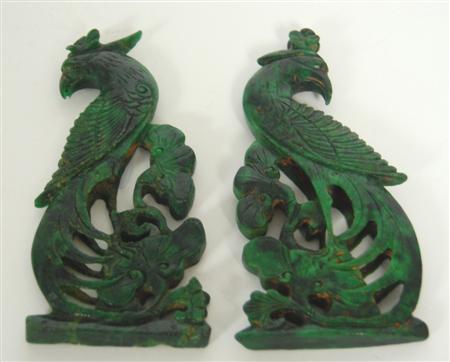 Appraisal: PAIR OF CHINESE GREEN HARDSTONE BIRDS OF PARADISE each carved