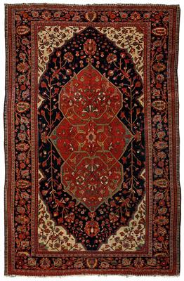 Appraisal: Ferahan Sarouk rug tomato red central medallion with pale blue