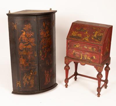 Appraisal: A Chinoiserie black red and gold lacquer bureau of two