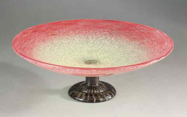 Appraisal: FRENCH SCHNEIDER ART GLASS PEDESTAL BOWL mottled raspberry shading to