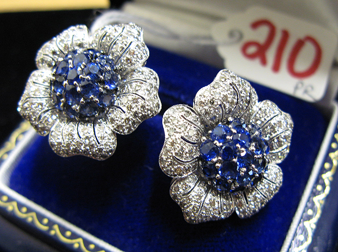 Appraisal: PAIR OF SAPPHIRE DIAMOND AND EIGHTEEN KARAT WHITE GOLD FLOWER