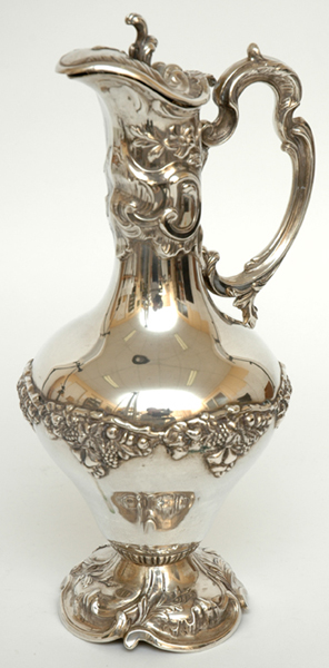 Appraisal: A PORTUGUESE SILVER WINE JUG Maker s mark TAPAZIO Porto