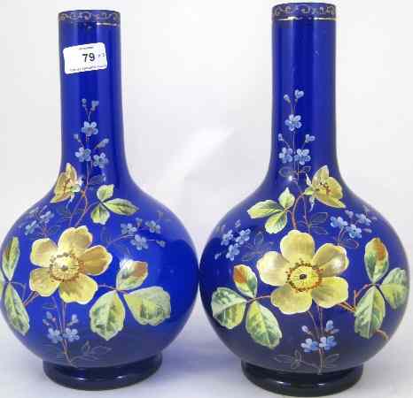 Appraisal: Pair Bristol Blue Glass vases handpainted with Flowers height cm