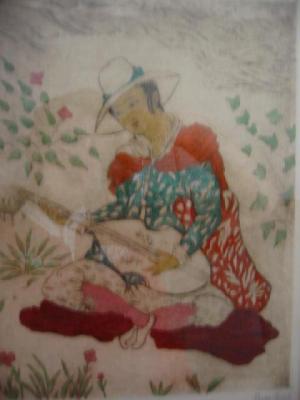 Appraisal: ELYSE LORD - Seated Player hand coloured etching signed in