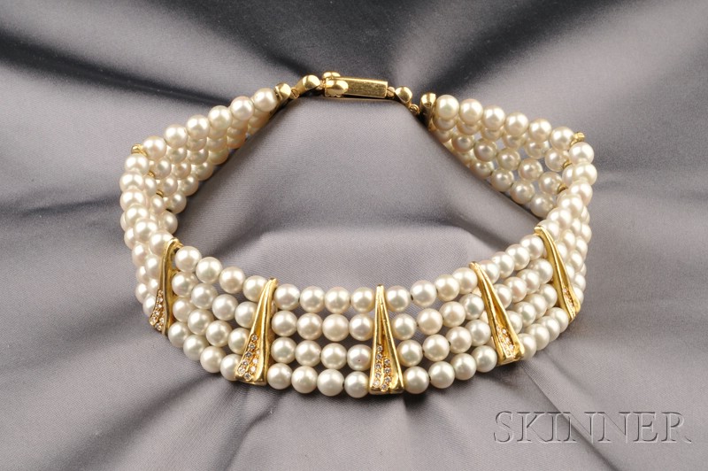 Appraisal: kt Gold Cultured Pearl and Diamond Multi-strand Choker Marini Misani