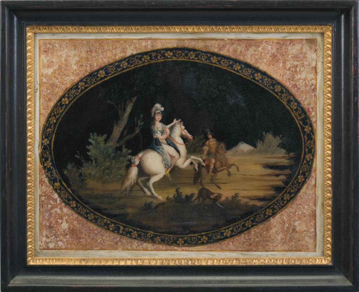 Appraisal: CONTINENTAL REVERSE PAINTING ON GLASS OF TWO CLASSICALLY ATTIRED FIGURES