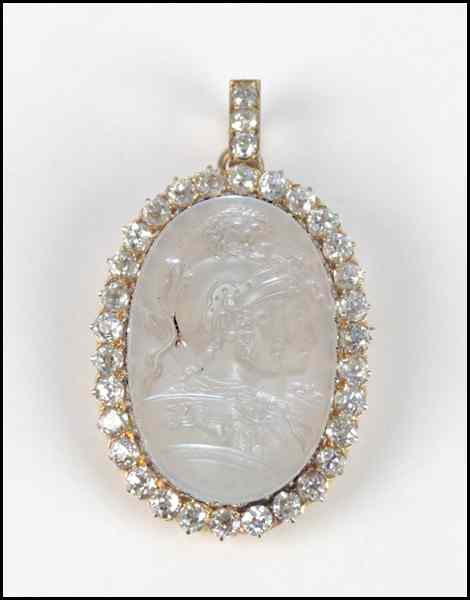 Appraisal: MOONSTONE DIAMOND AND KARAT YELLOW GOLD CAMEO BROOCH PENDANT Carved