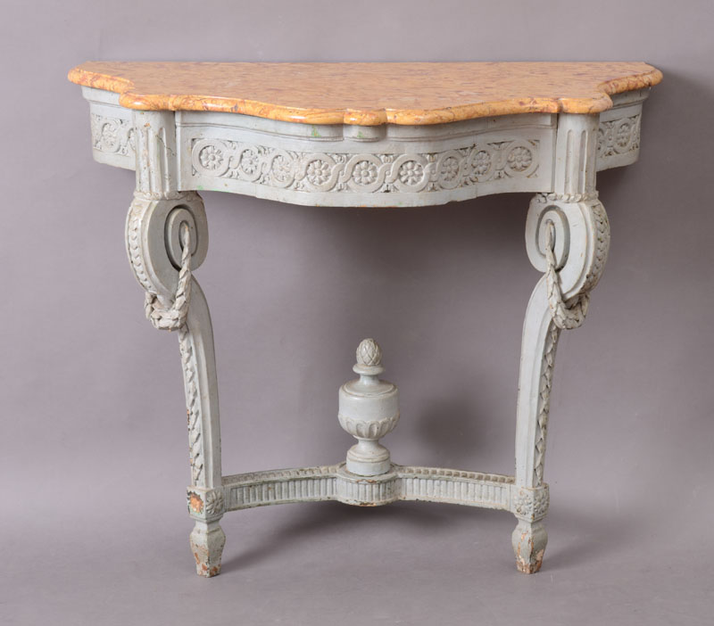 Appraisal: LOUIS XVI STYLE PAINTED CONSOLE With a serpentine-fronted yellow jura