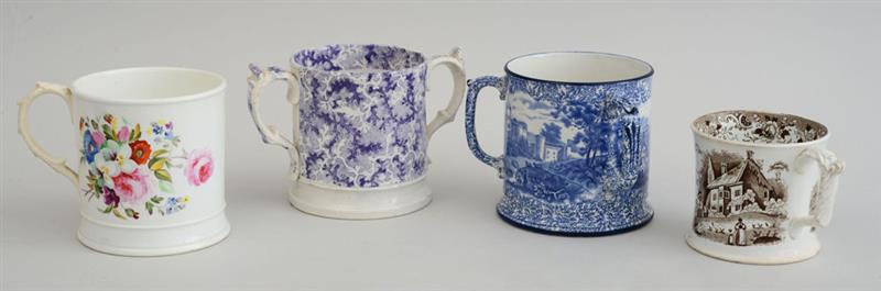 Appraisal: THREE ENGLISH TRANSFER-PRINTED POTTERY CUPS AND HAND-PAINTED FLORAL-DECORATED MUG The