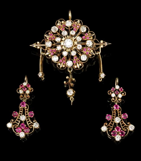 Appraisal: Fourteen-Karat Yellow Gold Diamond and Ruby Cluster Brooch Pendant the