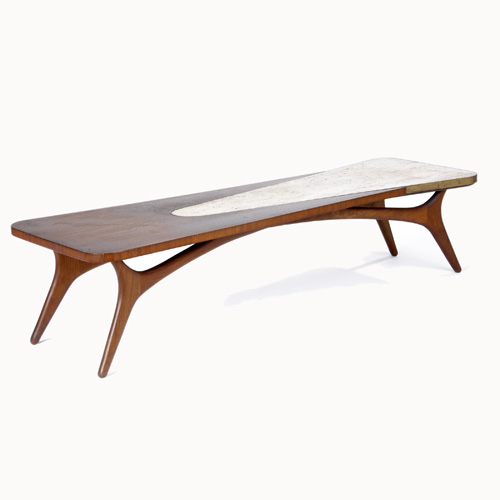 Appraisal: VLADIMIR KAGAN Walnut coffee table with brass-trimed travertine insert x