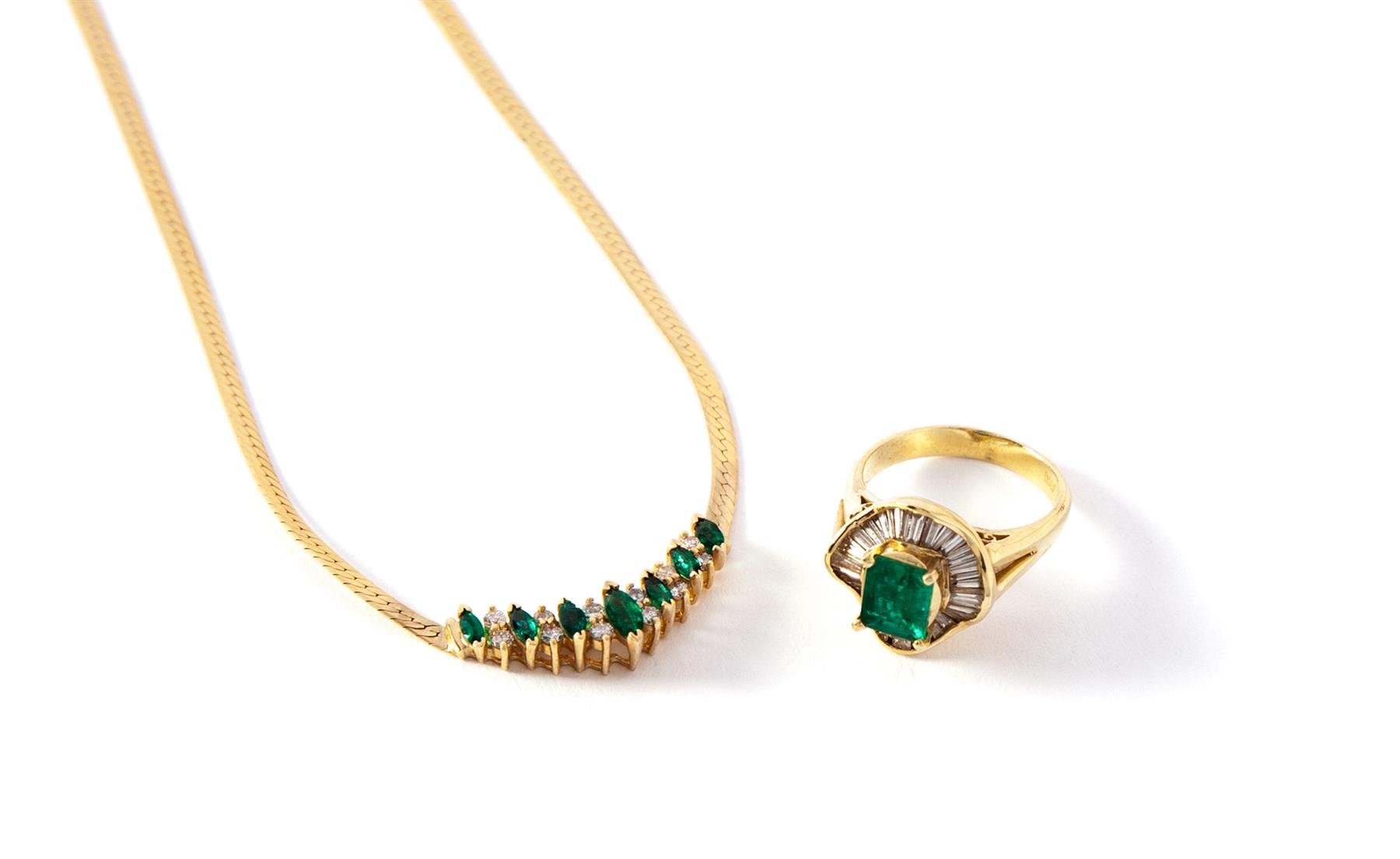 Appraisal: GOLD EMERALD AND DIAMOND RING AND NECKLACE American and Italian