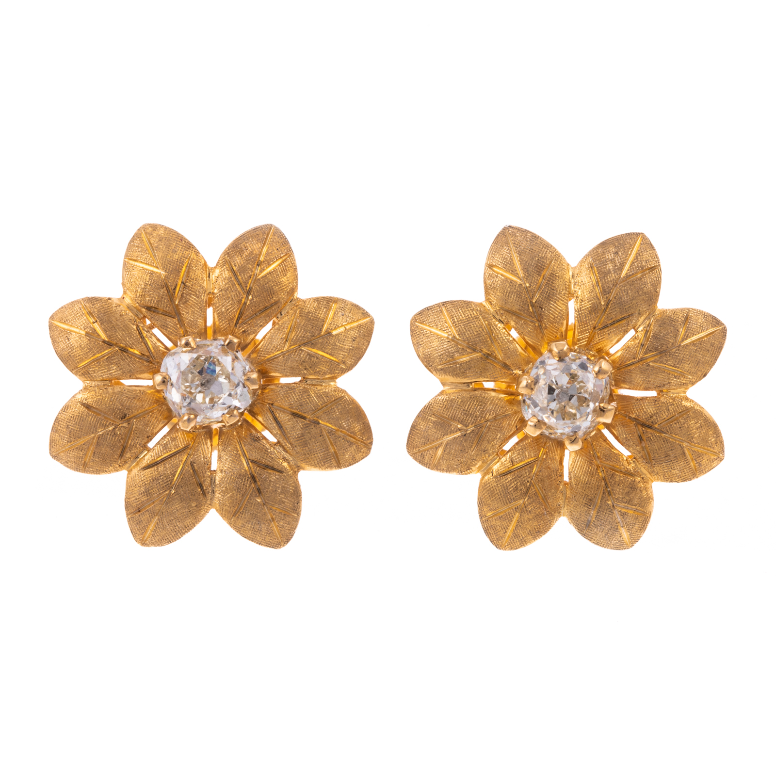 Appraisal: A PAIR OF DIAMOND FLOWER EARRINGS IN K K yellow