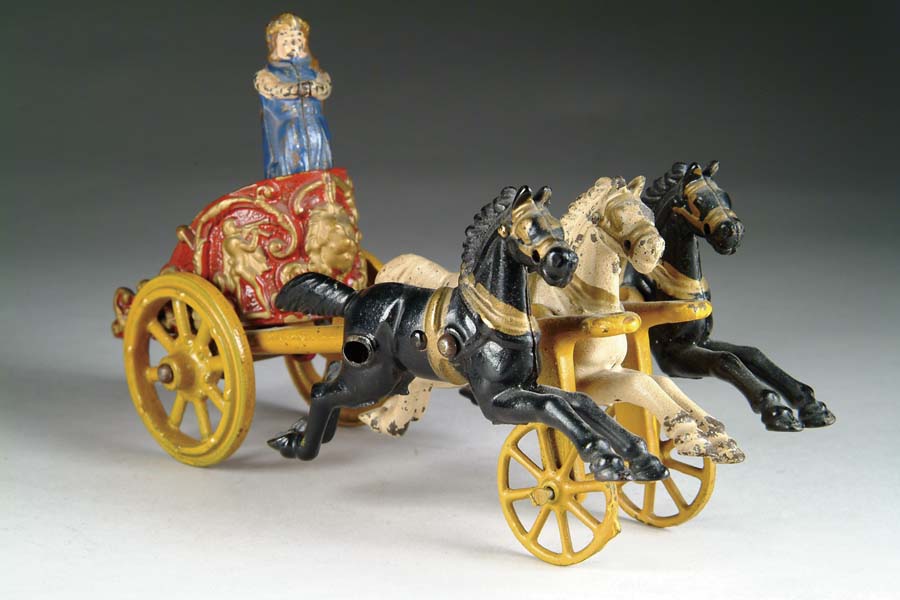 Appraisal: HUBLEY ROMAN CHARIOT W THREE HORSES Roman chariot with two