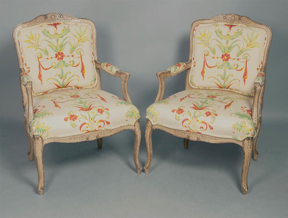 Appraisal: PAIR OF LOUIS XV STYLE BERGERES floral carved crest above