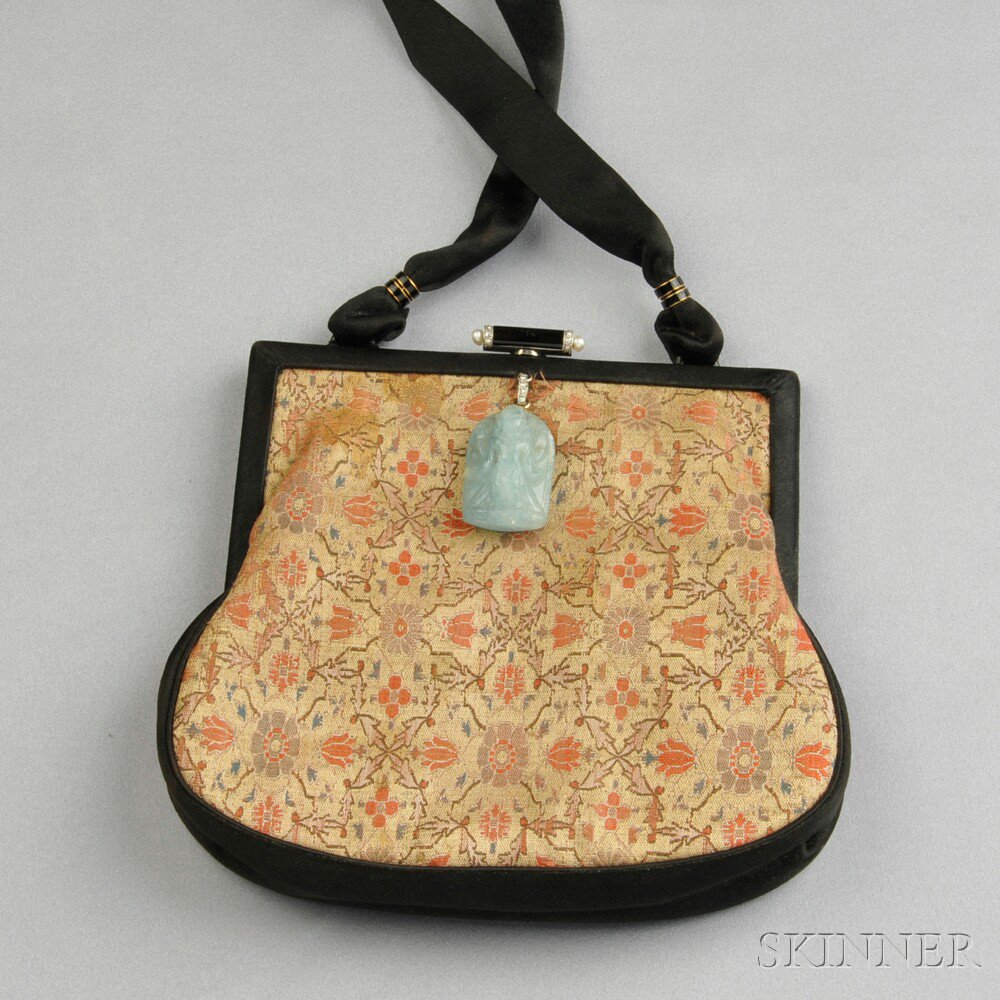 Appraisal: Art Deco Silk and Carved Gemstone Evening Bag Cartier France