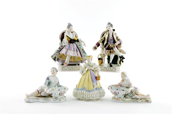 Appraisal: German porcelain figures and pair of salt dishes late th