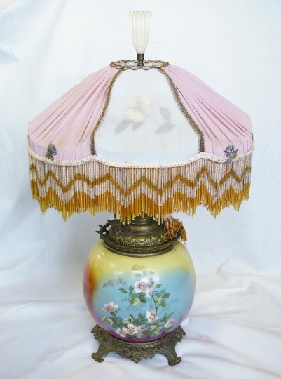 Appraisal: American Brass-Mounted Polychromed Porcelain Kerosene Parlor Lamp fourth quarter th