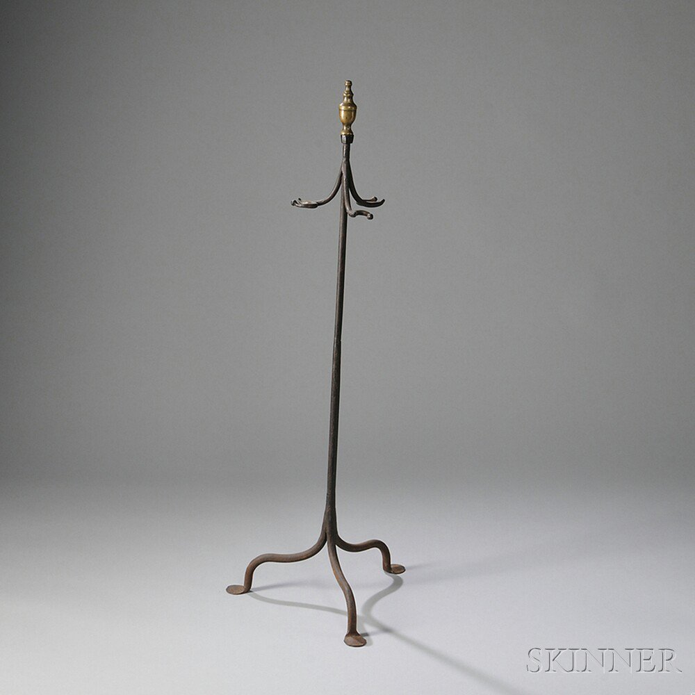 Appraisal: Wrought Iron and Brass Standing Fireplace Tool Holder America late