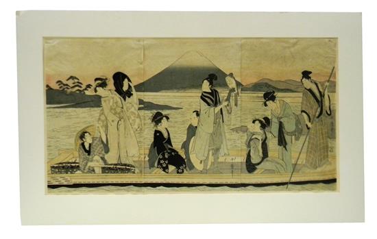 Appraisal: ASIAN woodblock print triptych by Kitagawa Utamaro Japanese - depiction