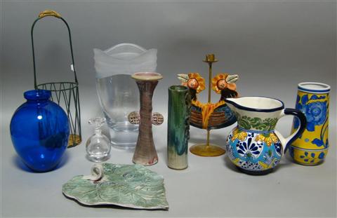 Appraisal: GROUP OF VASES AND TABLE ACCESSORIES Including a leaf shaped