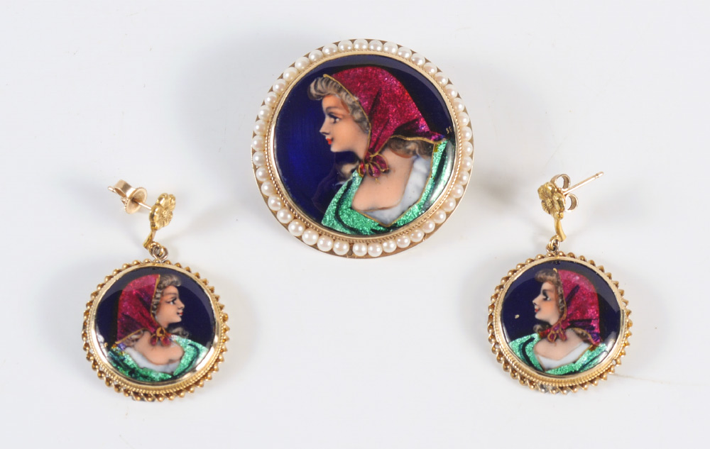 Appraisal: FRENCH ENAMEL BROOCH AND EARRINGS K yellow gold each piece