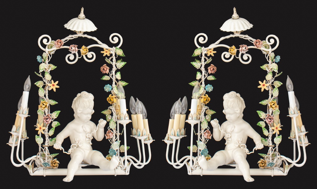 Appraisal: ROCOCO STYLE PORCELAIN TEN-LIGHT CHANDELIERS PAIR Rococo style porcelain-mounted painted