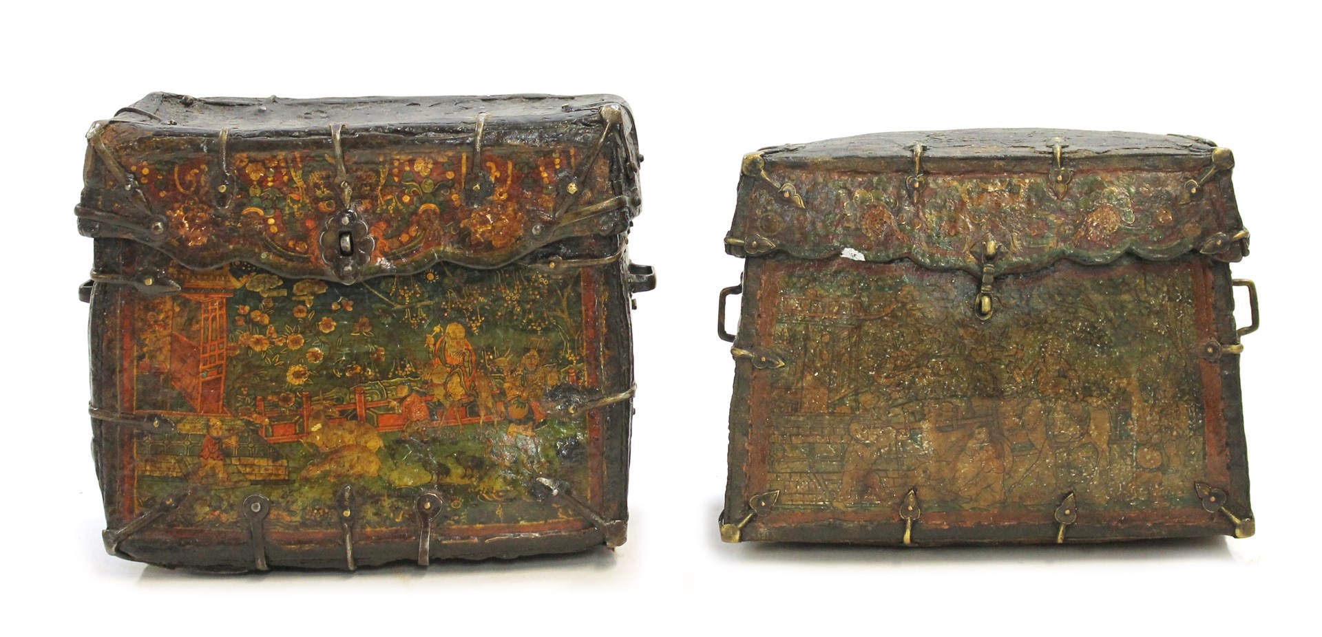 Appraisal: Two leather saddle bags th century each lacquered with chinoiserie