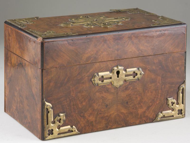 Appraisal: English Tea Caddy mid- th century brass mounted burled walnut