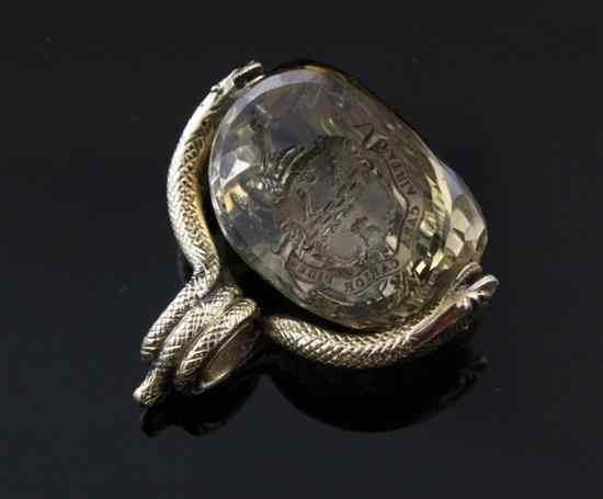 Appraisal: A th century gold and citrine fob seal with serpent