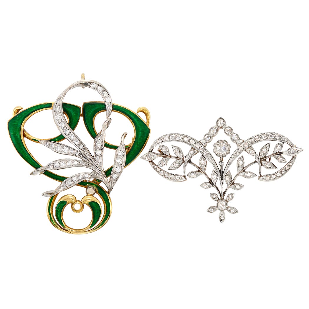 Appraisal: Platinum Gold and Diamond Pendant-Brooch and Two-Color Gold Enamel and