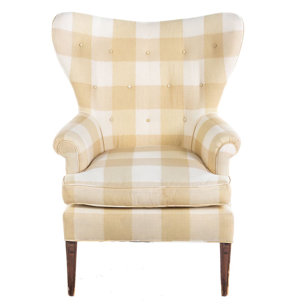 Appraisal: Georgian Style Mahogany Upholstered Wing Chair cream and yellow large