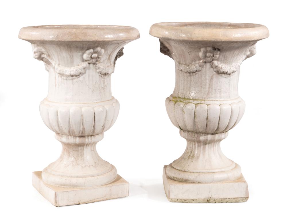 Appraisal: Pair of Monumental Carved Stone Garden Urns decorated with floral