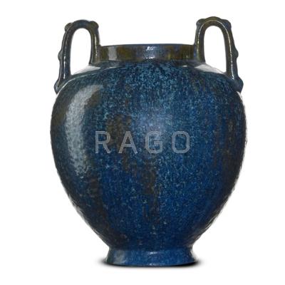 Appraisal: FULPER Urn blue crystalline glaze Flemington NJ - Incised racetrack