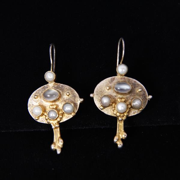 Appraisal: Victorian Etruscan Revival Gilt Earrings with Moonstone Cabochon Stones H